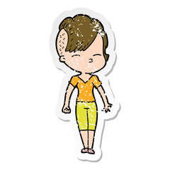 distressed sticker of a cartoon squinting girl