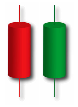 Red and green bullish and bearish 3d cylindric japenese candles with shadows on a separate layers. Eps10 vector illustration.