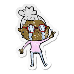 distressed sticker of a cartoon crying woman wearing spectacles