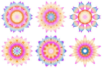 Fototapeta na wymiar Set of Design With Floral Mandala Ornament. Vector Illustration. For Coloring Book, Greeting Card, Invitation, Tattoo. Anti-Stress Therapy Pattern. Rainbow color