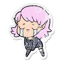 distressed sticker of a cartoon crying elf girl