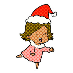 happy comic book style illustration of a girl wearing santa hat
