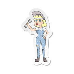 retro distressed sticker of a cartoon woman with spanner