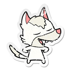 distressed sticker of a cartoon wolf laughing