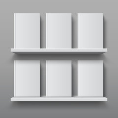 Realistic bookshelf with books. Library shelf mockup, modern office bookcase, plywood wall shelf 3D vector design template © SpicyTruffel