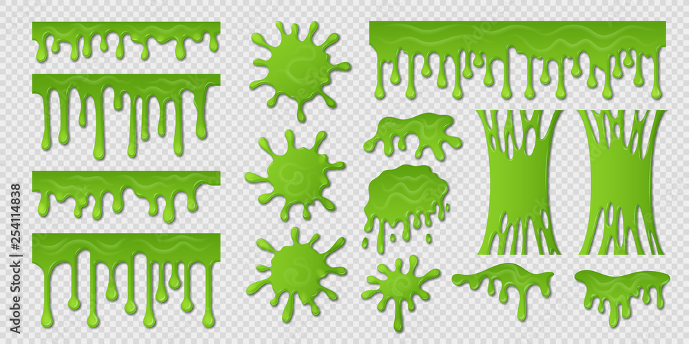 Poster green slime. goo paint drip, spooky liquid borders, toxic sticky shape isolated on white. vector sli
