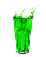 Green soda splashing out of glass isolated on white background.