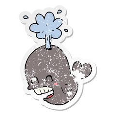 distressed sticker of a cartoon spouting whale