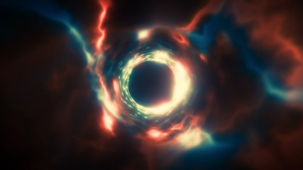 3d rendering of an abstract energy tunnel in space. The energy of the force fields of the tunnel in space