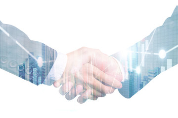 Double exposure of business partner handshake and Display stock market investment trading , Business analyzing financial statistics Finance concept