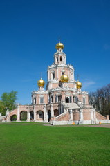 Fototapeta na wymiar Church of the Intercession of the Blessed Virgin Mary in Fily in spring day, Moscow, Russia
