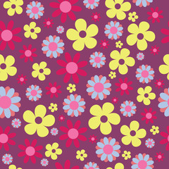 Vector Seamless Pattern Hippie Floral Yellow Blue Red Flowers