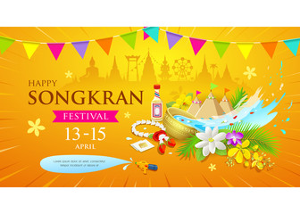 Fototapeta na wymiar Happy Songkran Thailand Water splashing festival design yellow background, vector illustration