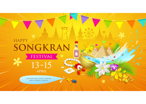 Happy Songkran Thailand Water splashing festival design yellow background, vector illustration