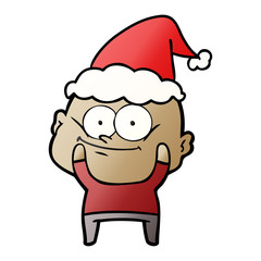 gradient cartoon of a bald man staring wearing santa hat