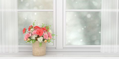 basket with pink roses and white lilac, standing on the windowsill of a wide white window, 3d illustration