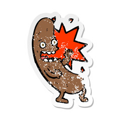 retro distressed sticker of a cartoon sausage
