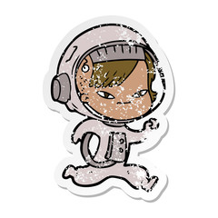 distressed sticker of a cartoon astronaut woman