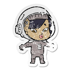 distressed sticker of a cartoon astronaut woman