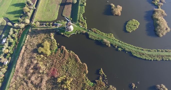 Old windmill from Netherlands aerial view High altitude, Kinderdijk 