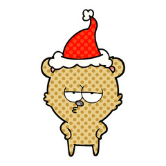 bored bear comic book style illustration of a wearing santa hat