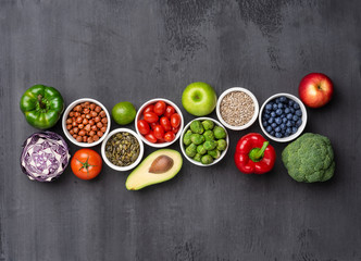 Fototapeta na wymiar Healthy eating ingredients: fresh vegetables, fruits and superfood. Nutrition, diet, vegan food concept
