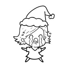 line drawing of a woman crying wearing santa hat