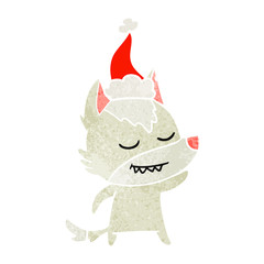 friendly retro cartoon of a wolf wearing santa hat