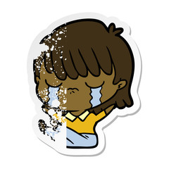 distressed sticker of a cartoon woman crying