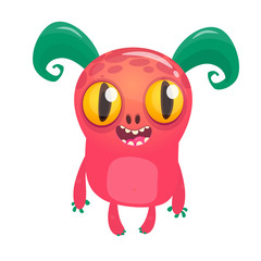 Happy pink cartoon monster with horns. Halloween vector illustration