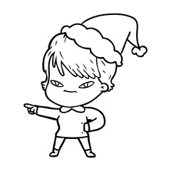 line drawing of a happy woman wearing santa hat