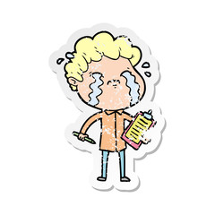 distressed sticker of a cartoon man crying