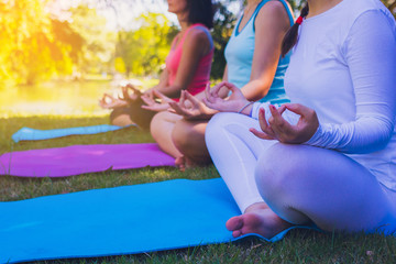 Body part group people have meditation for yoga.They are play yoga in park.good air , hobby, Zen,...