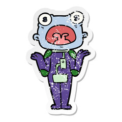distressed sticker of a cartoon weird alien shrugging shoulders
