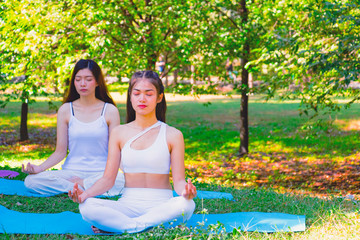 Body part group people have meditation for yoga.They are play yoga in park.good air , hobby, Zen,...