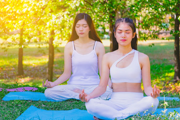 Body part group people have meditation for yoga.They are play yoga in park.good air , hobby, Zen,...