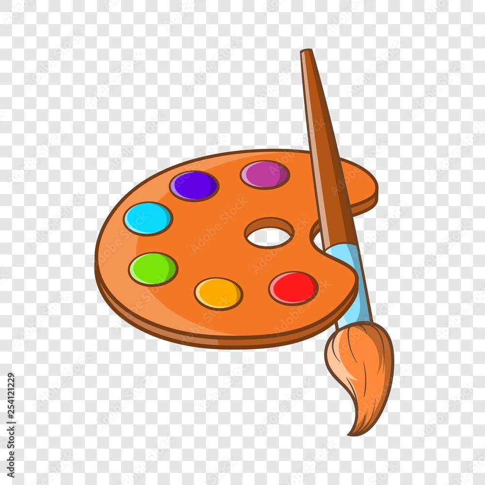 Poster art palette with paint brush icon in cartoon style on a background for any web design
