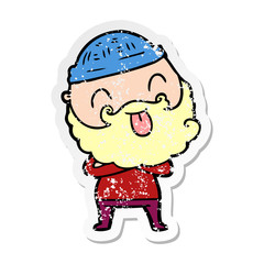 distressed sticker of a man with beard sticking out tongue