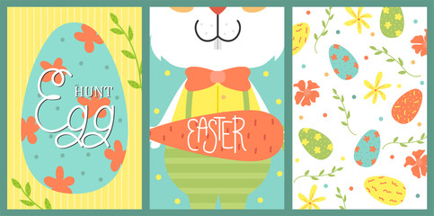 Set of cute vector Easter card. Easter eggs, spring holiday. Greeting card