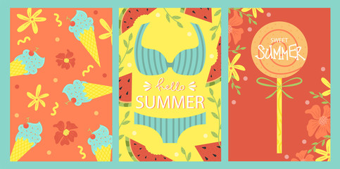 A set of bright summer cards. Greeting card.. Vector design concept for summer party.