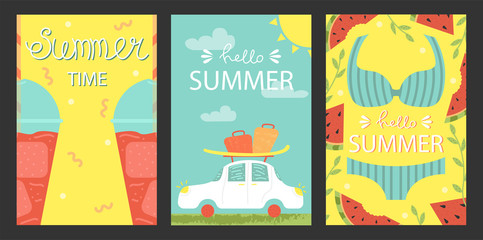 A set of bright summer cards. Greeting card.. Vector design concept for summer party.