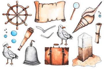 Muurstickers Piraten Aquarel nautische collectie met het roer, een zeemeeuw, een telescoop, een koffer, wrakstukken en jetsam, koffer, bel, schelp, scroll