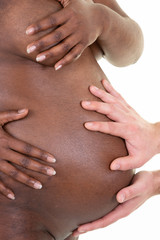 Afro American couple play with body pregnant and hands