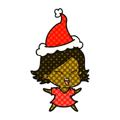 happy comic book style illustration of a girl wearing santa hat