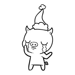 line drawing of a pig crying wearing santa hat