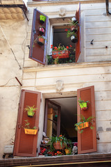 Obraz na płótnie Canvas Shutters of a house in Antibes nicely decorated with colorful flower pots