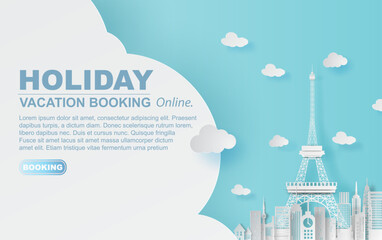 Paper art of Traveling holiday hotel booking Eiffel tower Paris city,Website Travel landmarks city pastel color suitcase concept your text space background,Illustration of idea design vacation.vector.