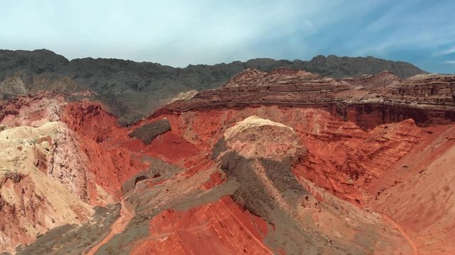 Quebrada de Las Flechas, Argentina. Red rocks in Southern Andes. Aerial shot, UHD