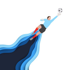 Soccer football player as a goal keeper try to save the ball. Paper depth layer vector illustration style isolate on white background.