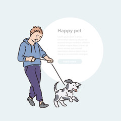Boy walk dog puppy on leash. Promenade with pet vector line art illustration and round area for text.